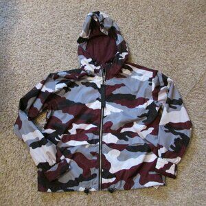 NWOT Forever 21 Medium Gray Black Red Camo Full Zip Hooded Jacket Thin Lined